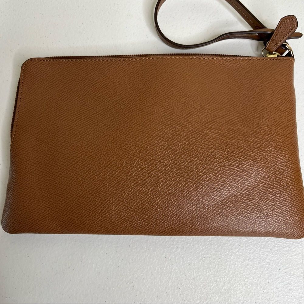 Coach Brown Pebbled Leathered Story Patch Logo Zip Pouch Wallet Bag Wristlet - Picture 5 of 15